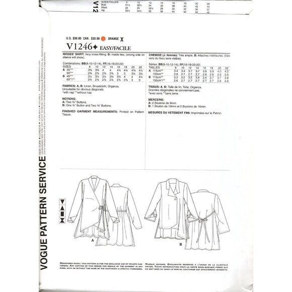 Vogue V1246 Misses 8 to 14 Designer Lynn Mizono Shirt Uncut Sewing Pattern - Picture 2 of 2
